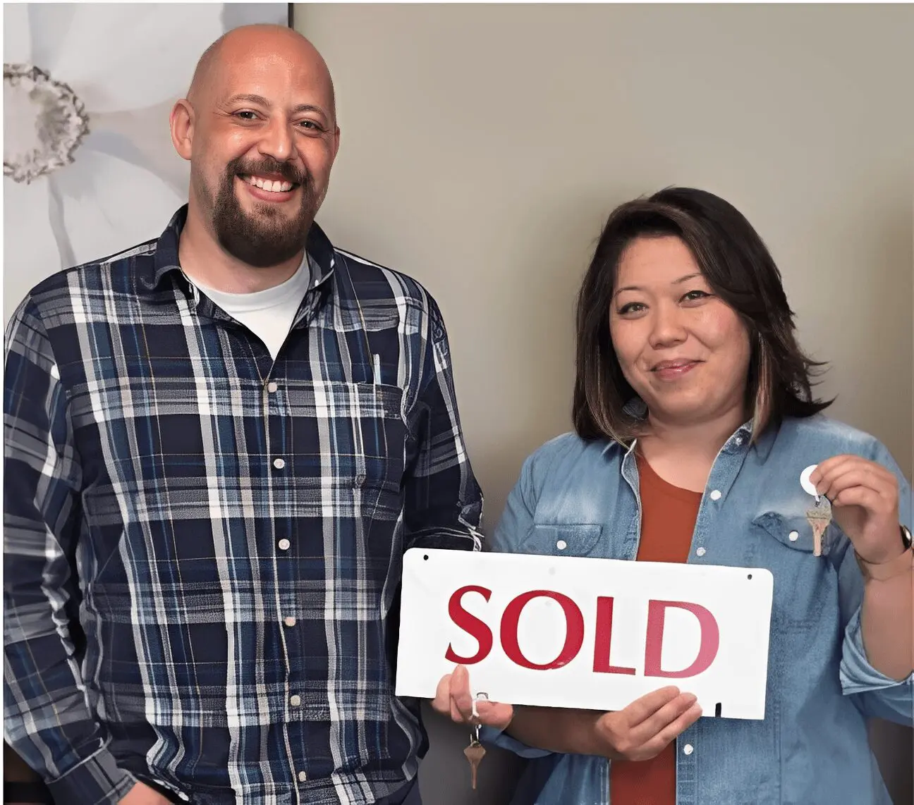 Couple smiling with house keys and sign.